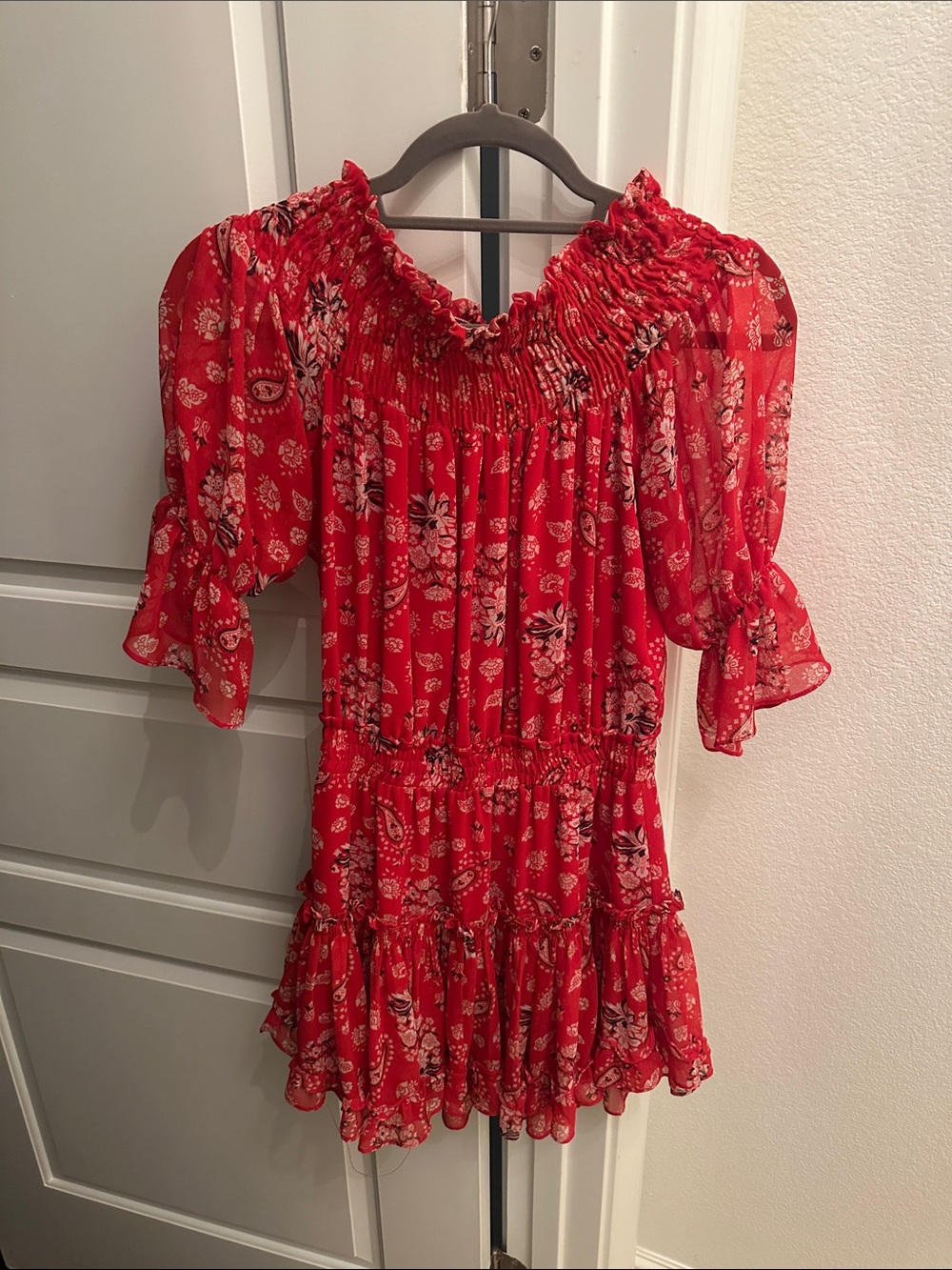 Misa Los Angeles Red Floral Smocked Off-Shoulder Tunic Dress